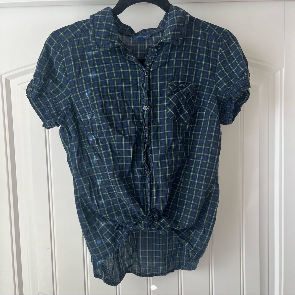 Y2K American eagle Blue and Green Plaid Button-Up Shirt size small western